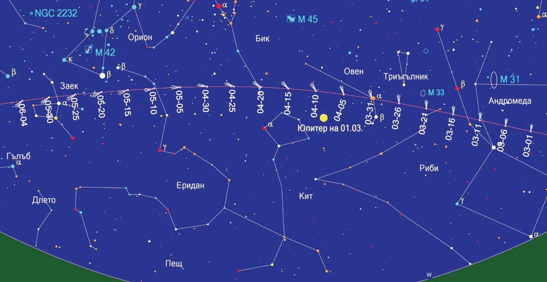 Позициите на кометата са означени през 5 дни за 20:30 ч., във формат месец-ден  Снимка: БТА