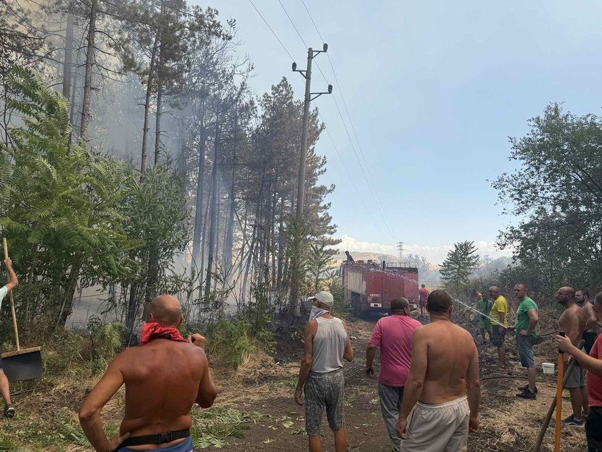 Огънят навлезе в боровата гора в непосредствена близост до града, правят се просеки, за да се пресече пътя на огъня до къщите.  Снимка: Община Бургас