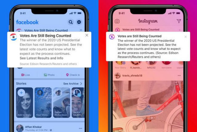 И във FB, и във Instagram потребителите ще получават предупреждения, че вотът не е приключил, ако някой кандидат обяви победата си предварително.Снимка Facebook