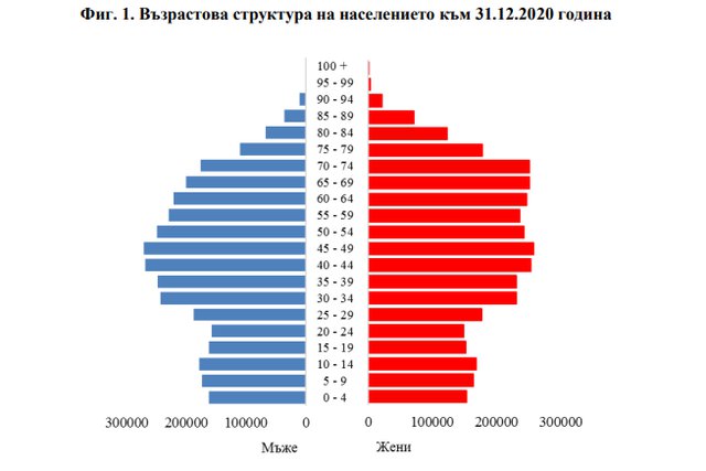 Възрастовата структура на населението на България към 31 декември 2020 г. Източник НСИ