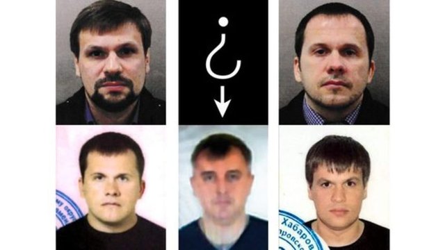 Базираната във Великобритания разследваща група "Белингкат" смята, че така (снимката в средата на долния ред) изглежда предполагаемият трети участник в покушението в Солсбъри