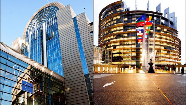 Сградите на Европейския парламент в Бюрксел (вляво) и в Страсбург