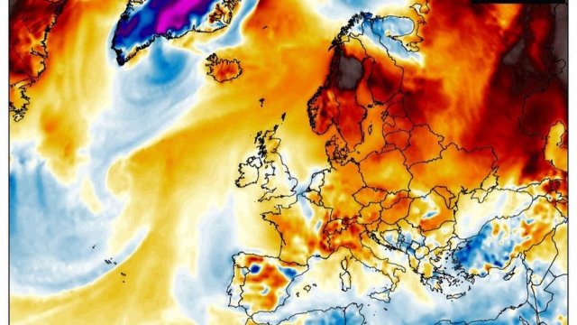 Температурните отклонения от нормите в Европа в 2-метровия слой въздух на 31 декември илюстрират защо В Северна Европа е необичайно топло, а на на Балканите и в Турция е студено.