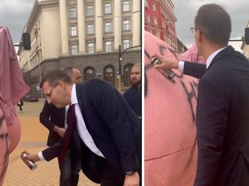 Станислав Анастасов от ДПС-НН нашари със спрей прасето пред парламента