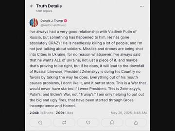 Путин е напълно полудял, написа Тръмп